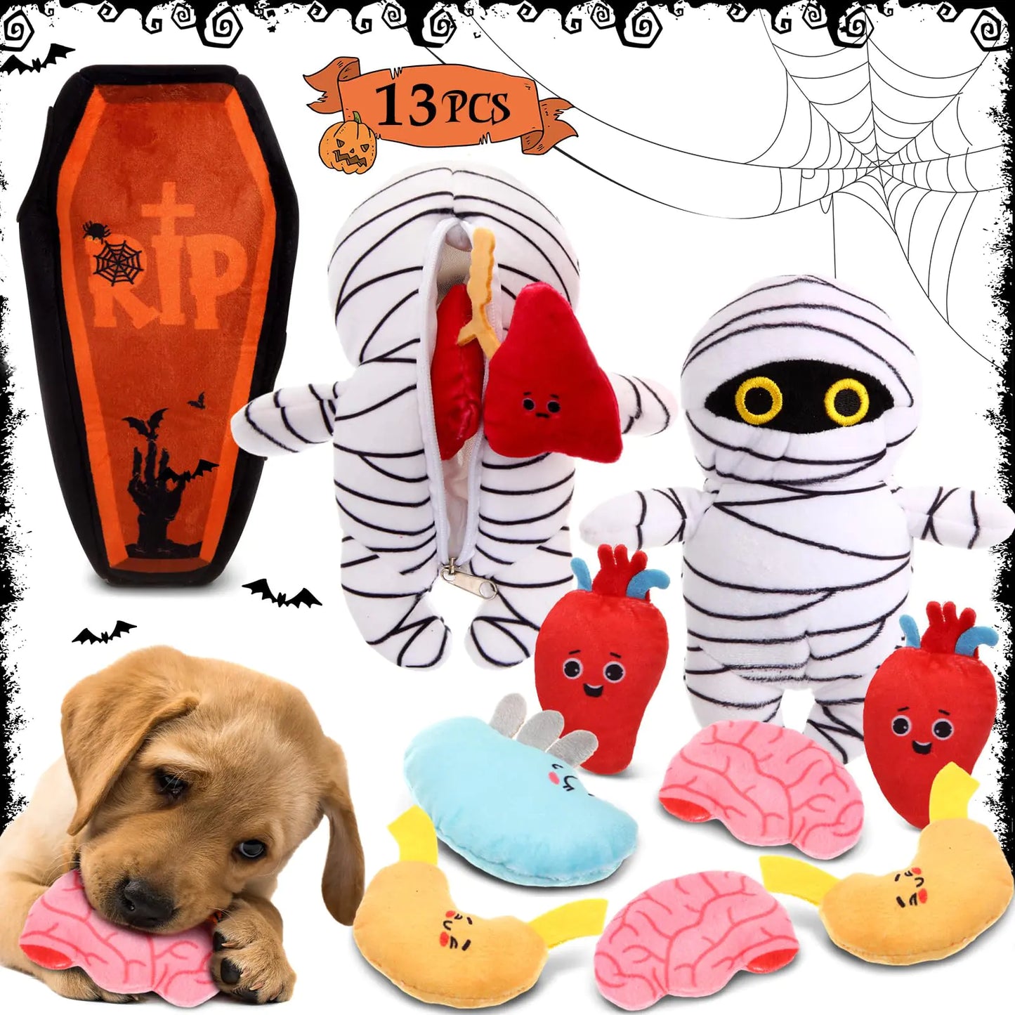 13 Pcs Halloween Hide and Seek Dog Toys Halloween Coffin Mummy Dog Toys with Organs Burrow Interactive Dog Toys Halloween Stuffing Body Dog Squeaky Toys for Halloween Decor Dog Training