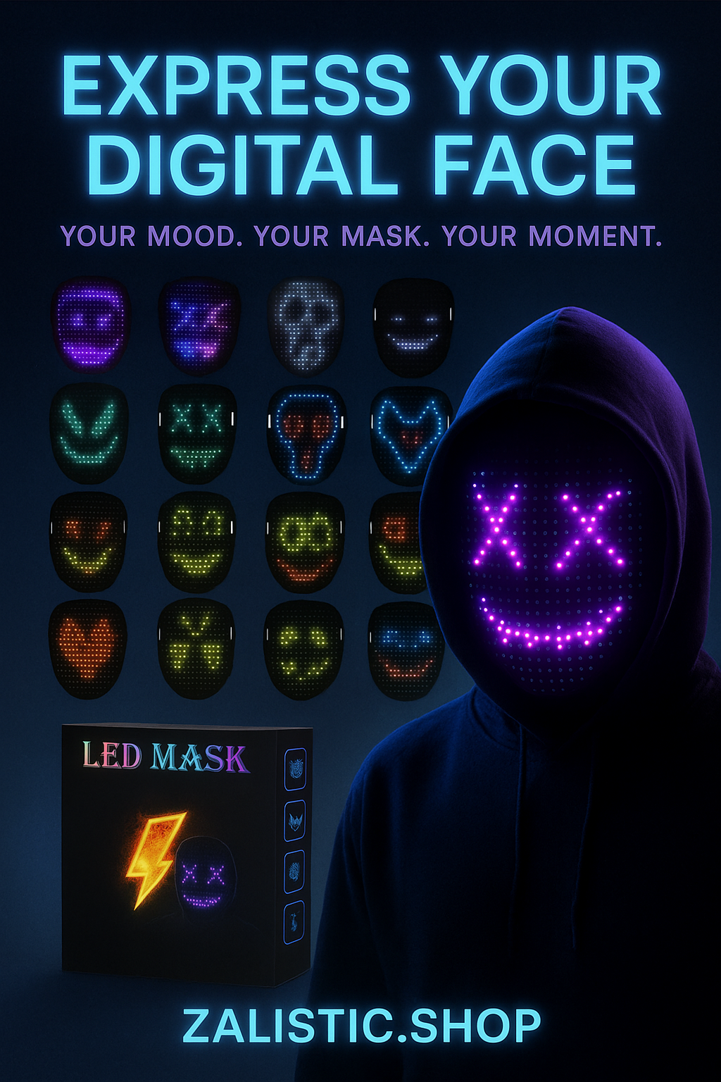 Gesture Sensing Transforming LED Face Mask for Halloween Costume Cosplay Party Masquerade