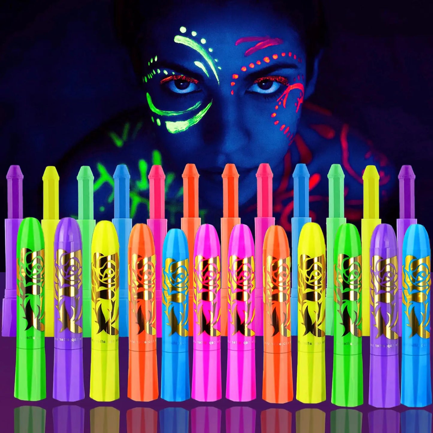 12 Pieces Glow Blacklight Face & Body Paint Makeup Glow in The Dark Face Painting Kit