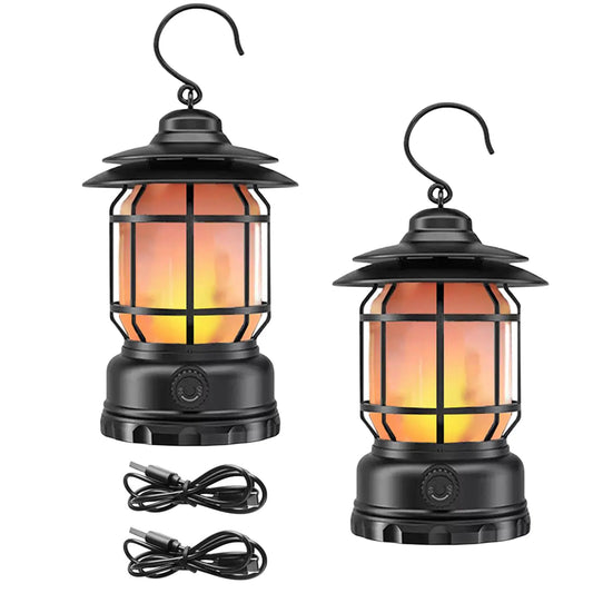 2PACK Rechargeable Camping Lantern Flame Decorative Table Lamp 3 Modes LED Light with Hook. Dimmable Vintage Style Portable Waterproof Camping Light for Indoor/Outdoor