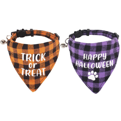 Halloween Cat Collars Breakaway with Bell 2 Pack Adjustable Cat Bandana Collar with Cute Halloween Pattern Orange Purple Plaid Cat Halloween Collars for Cats Kittens (Halloween)