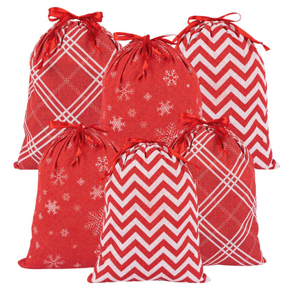 6Pcs Christmas Drawstring Bags Red Cotton With Assorted Size Christmas Wrapping  Pouches!