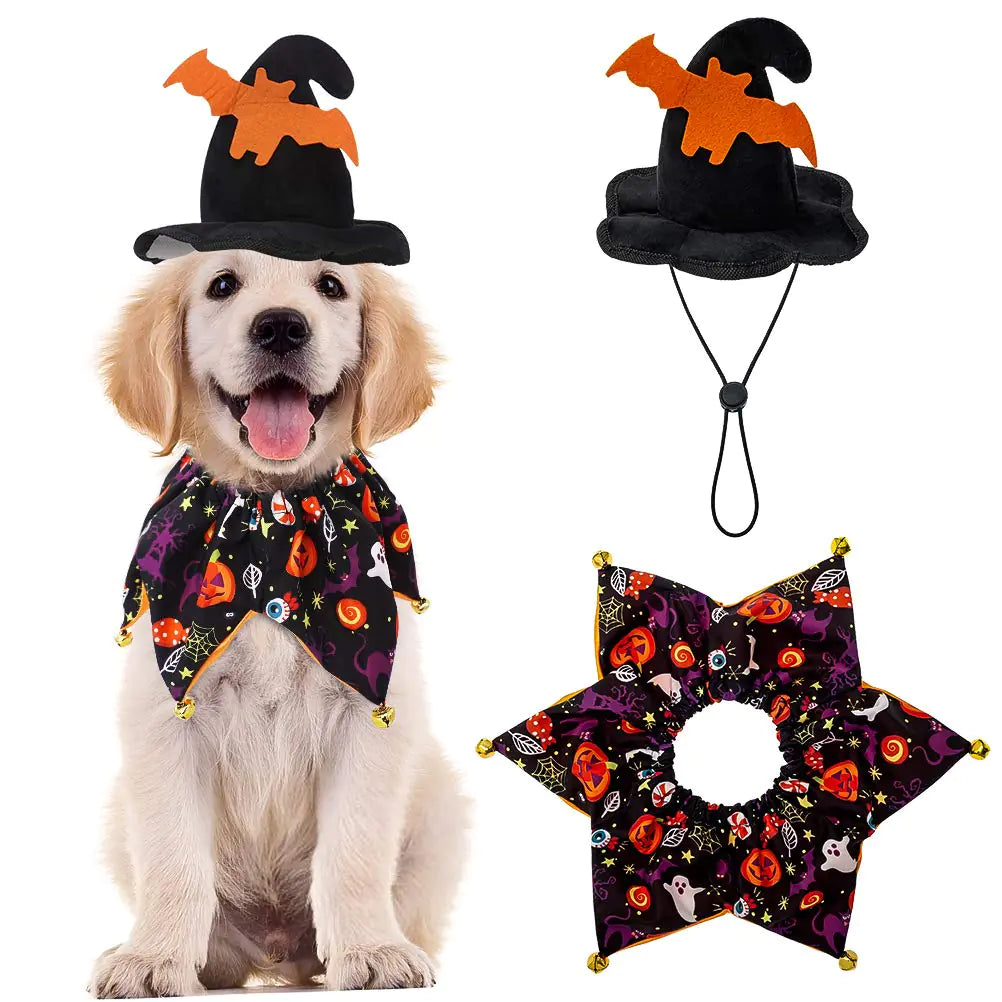 Dog Halloween Costume - Halloween Style Dog Collar with Bells and Wizards hat Set Halloween Pumpkin Pattern for Dog Wearing