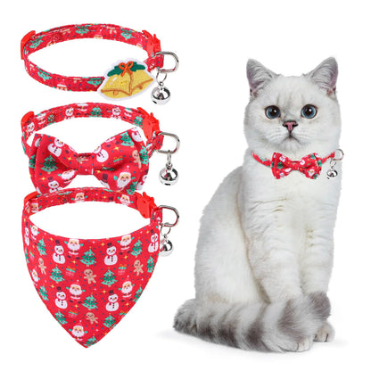 Holiday Cat Collar with Bell for Christmas - 3 Pack Bowtie Cat Collars Bandana with Safety Buckle Adjustable Size for Kitten Cats Puppy Bell Decoration