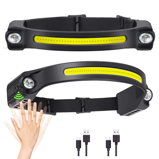 LED Headlamp Rechargeable Bright LED & COB LED Head Lamp 260° Wide Beam Headlight Waterproof Flashlight Motion Sensor 6 Modes Adjustable Headband for Outdoor Running Camping Hiking Fishing